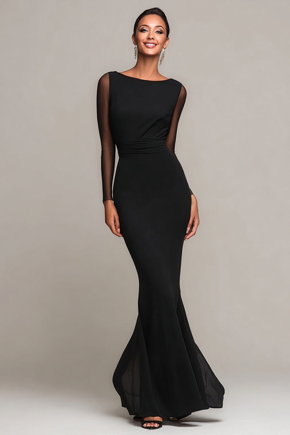 Black Mermaid Boat Neck Maxi Formal Dress with Sleeves