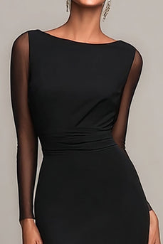 Black Mermaid Boat Neck Maxi Formal Dress with Sleeves