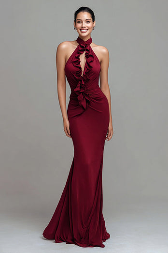 Burgundy Mermaid Halter Maxi Formal Dress with Ruffles