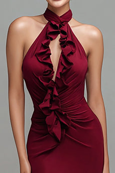 Burgundy Mermaid Halter Maxi Formal Dress with Ruffles