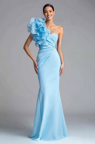 Light Blue Mermaid One Shoulder Long Formal Dress with 3D Flower