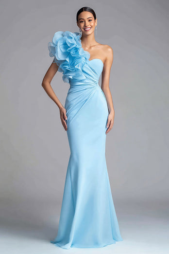 Light Blue Mermaid One Shoulder Long Formal Dress with 3D Flower