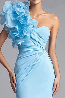 Light Blue Mermaid One Shoulder Long Formal Dress with 3D Flower