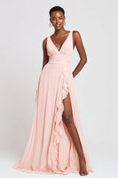 Load image into Gallery viewer, Pink Chiffon A-Line V-Neck Long Formal Dress with Slit