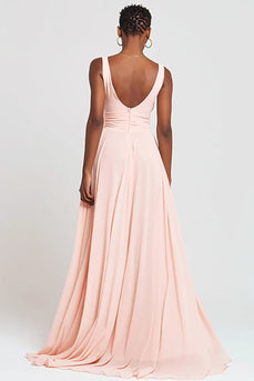 Pink Chiffon A-Line V-Neck Long Formal Dress with Slit