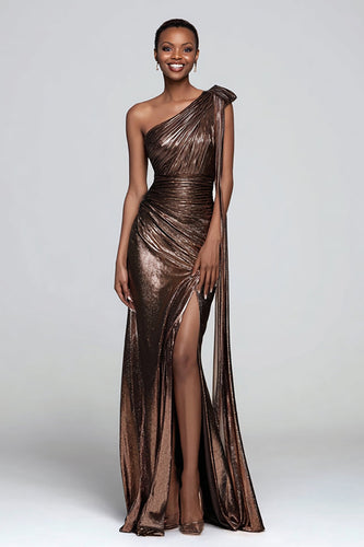 Sparkly Brown Metallic Mermaid One Shoulder Long Formal Dress with Slit