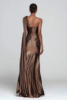 Sparkly Brown Metallic Mermaid One Shoulder Long Formal Dress with Slit