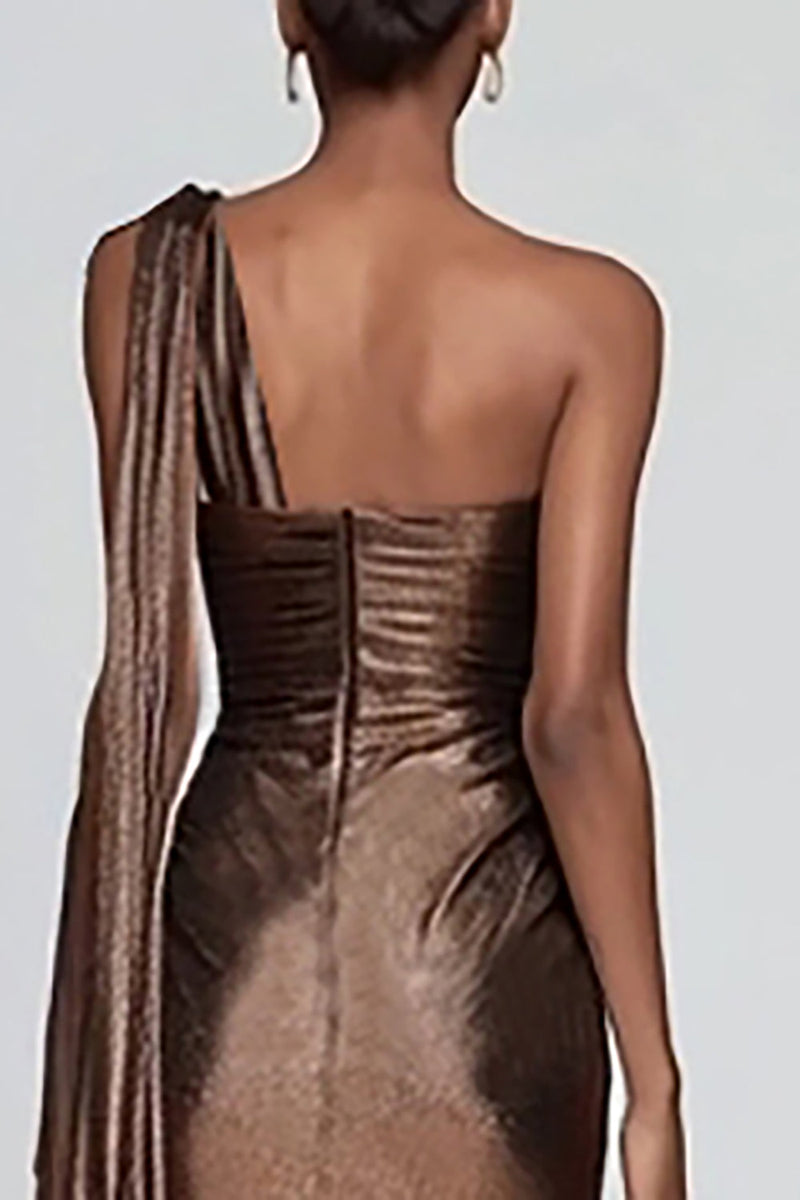 Load image into Gallery viewer, Sparkly Brown Metallic Mermaid One Shoulder Long Formal Dress with Slit