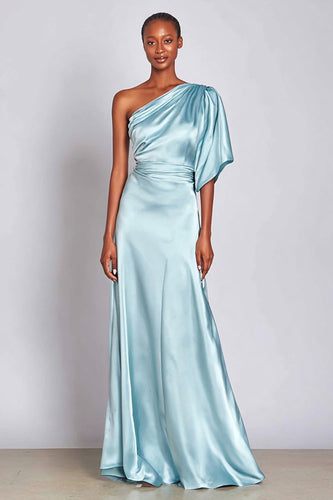 Light Blue Satin One Shoulder Mermaid Long Formal Dress with Sleeves