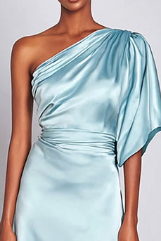 Light Blue Satin One Shoulder Mermaid Long Formal Dress with Sleeves