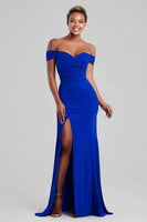 Load image into Gallery viewer, Royal Blue Mermaid Off the Shoulder Long Formal Dress with Slit