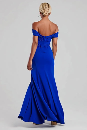 Royal Blue Mermaid Off the Shoulder Long Formal Dress with Slit
