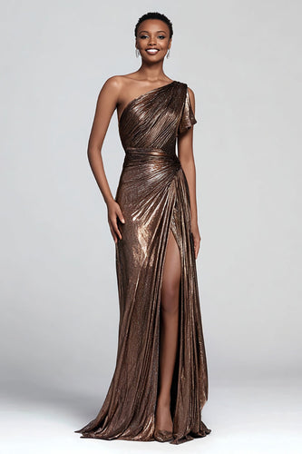 Sparkly Brown Mermaid One Shoulder Metallic Long Formal Dress with Slit