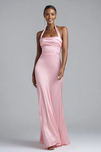 Pink Mermaid Halter Satin Long Formal Dress