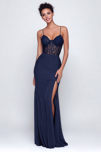 Navy Mermaid Spaghetti Straps Lace Long Formal Dress with Slit
