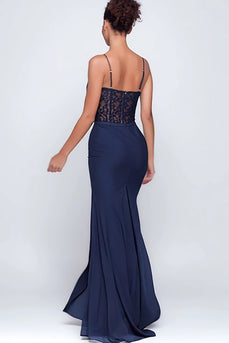 Navy Mermaid Spaghetti Straps Lace Long Formal Dress with Slit