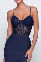 Load image into Gallery viewer, Navy Mermaid Spaghetti Straps Lace Long Formal Dress with Slit