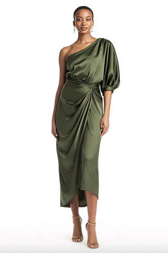 Olive Satin One Shoulder Tea Length Formal Dress with Sleeves