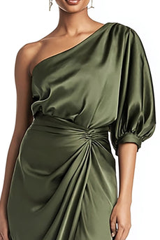 Olive Satin One Shoulder Tea Length Formal Dress with Sleeves