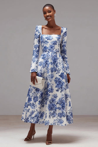 Blue and White Floral A-Line Square Neck Wedding Guest Dress with Sleeves