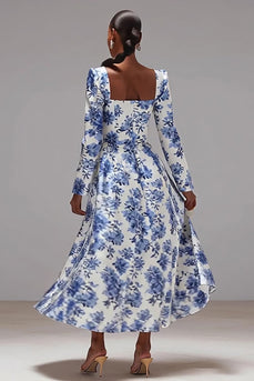 Blue and White Floral A-Line Square Neck Wedding Guest Dress with Sleeves