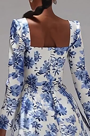 Blue and White Floral A-Line Square Neck Wedding Guest Dress with Sleeves