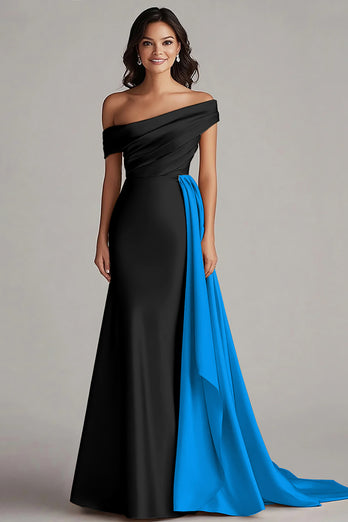 White and Black Off the Shoulder Satin Long Formal Dress with Ruffles