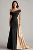 Load image into Gallery viewer, White and Black Off the Shoulder Satin Long Formal Dress with Ruffles