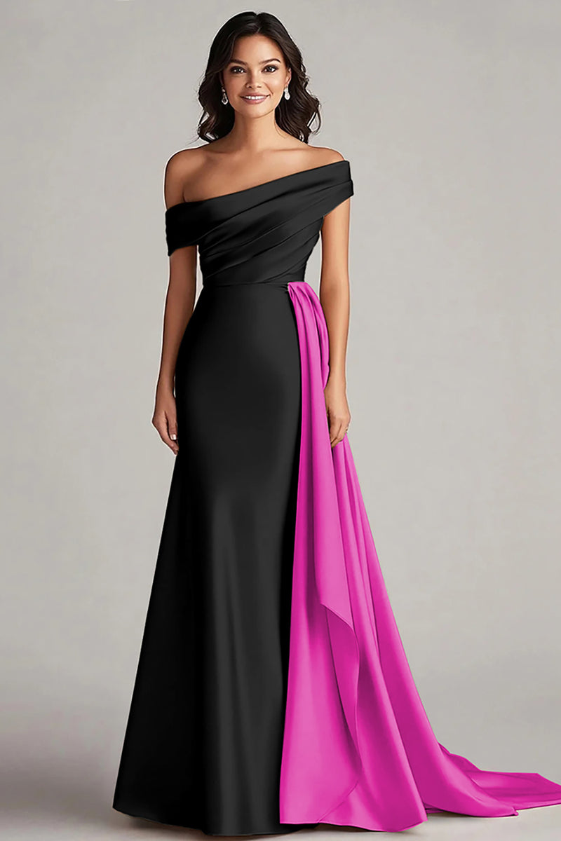 Load image into Gallery viewer, White and Black Off the Shoulder Satin Long Formal Dress with Ruffles
