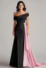 Load image into Gallery viewer, White and Black Off the Shoulder Satin Long Formal Dress with Ruffles