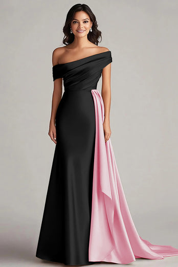White and Black Off the Shoulder Satin Long Formal Dress with Ruffles