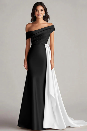 White and Black Off the Shoulder Satin Long Formal Dress with Ruffles