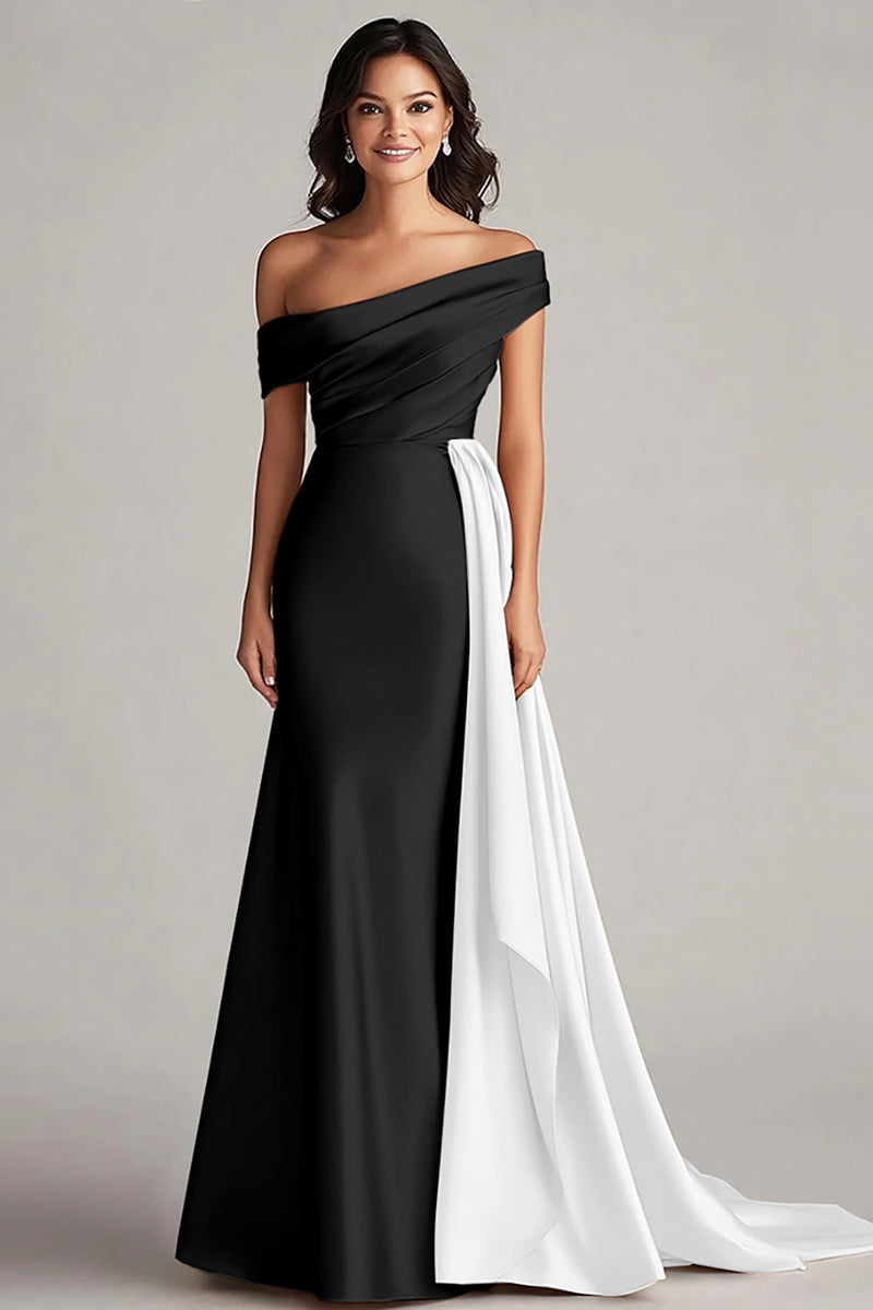 Load image into Gallery viewer, White and Black Off the Shoulder Satin Long Formal Dress with Ruffles