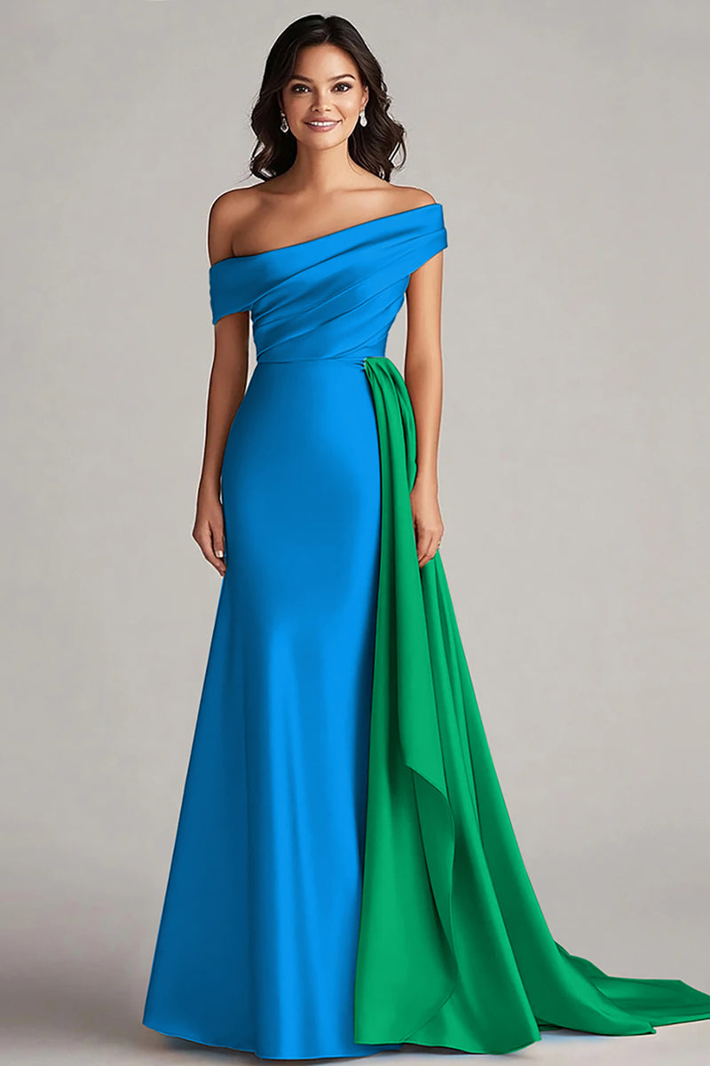 Load image into Gallery viewer, White and Black Off the Shoulder Satin Long Formal Dress with Ruffles