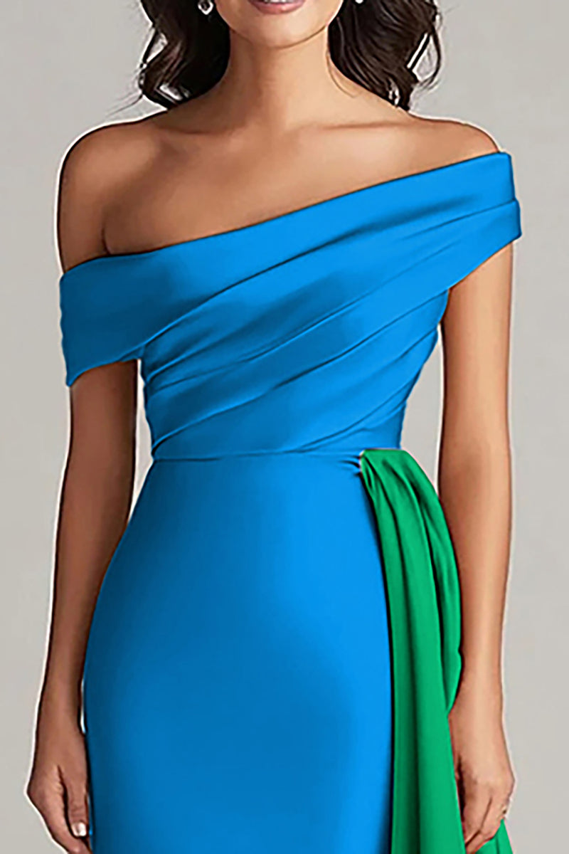 Load image into Gallery viewer, White and Black Off the Shoulder Satin Long Formal Dress with Ruffles