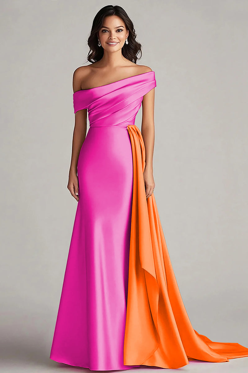 Load image into Gallery viewer, White and Black Off the Shoulder Satin Long Formal Dress with Ruffles