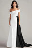 Load image into Gallery viewer, White and Black Off the Shoulder Satin Long Formal Dress with Ruffles
