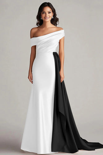 White and Black Off the Shoulder Satin Long Formal Dress with Ruffles
