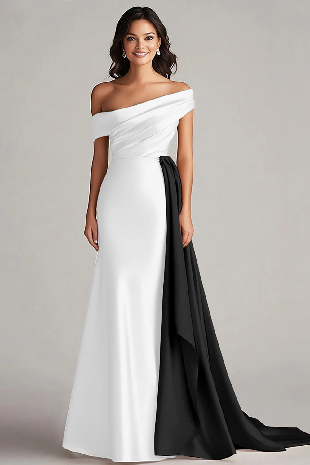 White and Black Off the Shoulder Satin Long Formal Dress with Ruffles