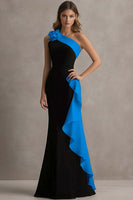 Load image into Gallery viewer, Black and Pink Satin One Shoulder Ruffled Long Formal Dress with 3D Flower
