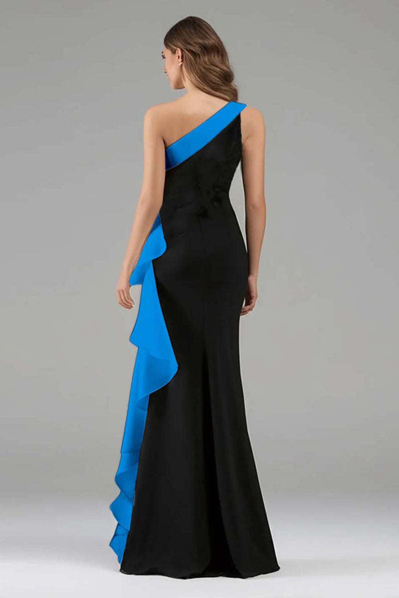 Load image into Gallery viewer, Black and Pink Satin One Shoulder Ruffled Long Formal Dress with 3D Flower