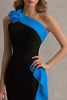 Load image into Gallery viewer, Black and Pink Satin One Shoulder Ruffled Long Formal Dress with 3D Flower