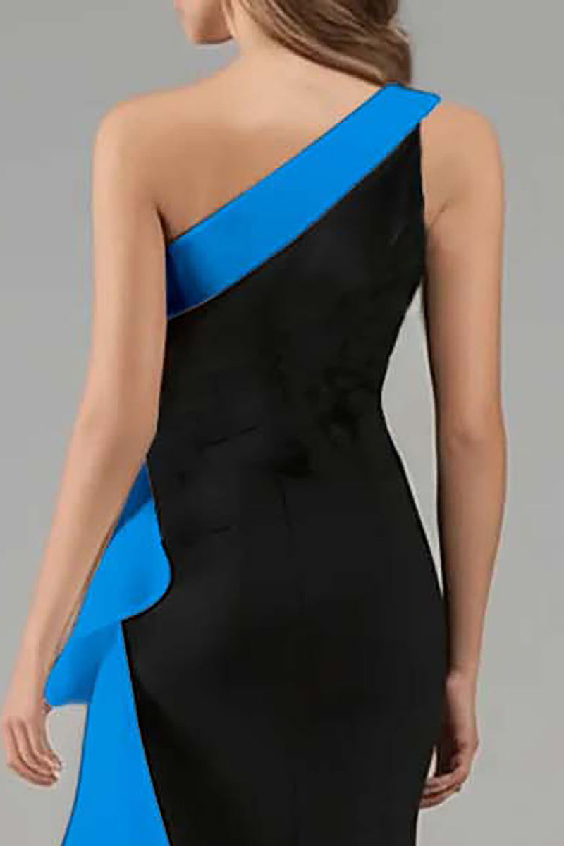 Load image into Gallery viewer, Black and Pink Satin One Shoulder Ruffled Long Formal Dress with 3D Flower