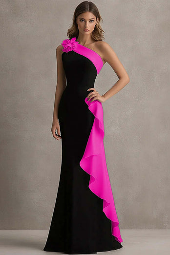 Black and Pink Satin One Shoulder Ruffled Long Formal Dress with 3D Flower