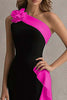 Load image into Gallery viewer, Black and Pink Satin One Shoulder Ruffled Long Formal Dress with 3D Flower