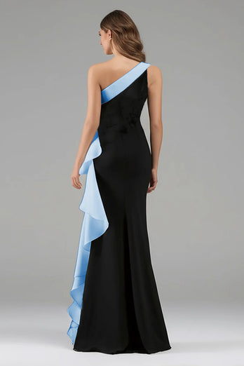 Black and Pink Satin One Shoulder Ruffled Long Formal Dress with 3D Flower