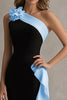 Load image into Gallery viewer, Black and Pink Satin One Shoulder Ruffled Long Formal Dress with 3D Flower