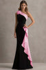 Load image into Gallery viewer, Black and Pink Satin One Shoulder Ruffled Long Formal Dress with 3D Flower