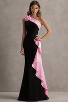 Load image into Gallery viewer, Black and Pink Satin One Shoulder Ruffled Long Formal Dress with 3D Flower