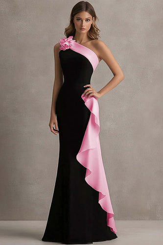 Black and Pink Satin One Shoulder Ruffled Long Formal Dress with 3D Flower
